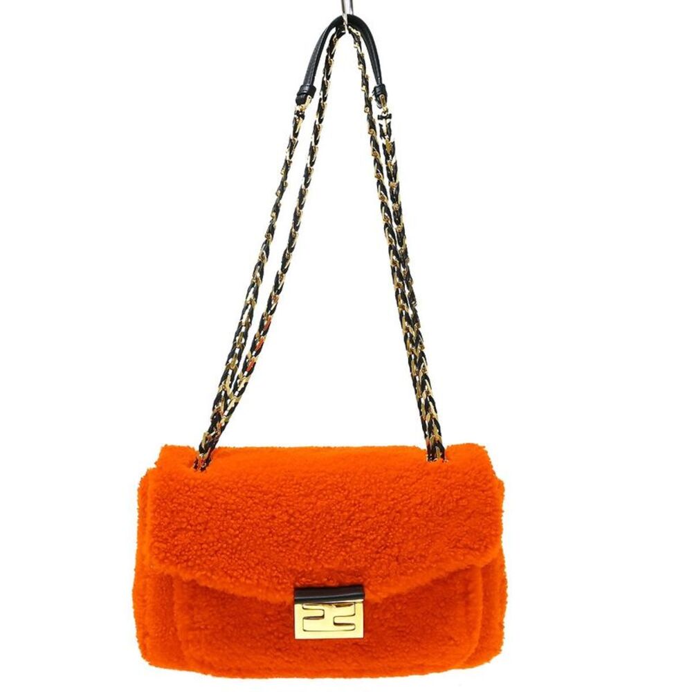 Fendi Be Baguette Flap Shearling Orange Wool Handbag